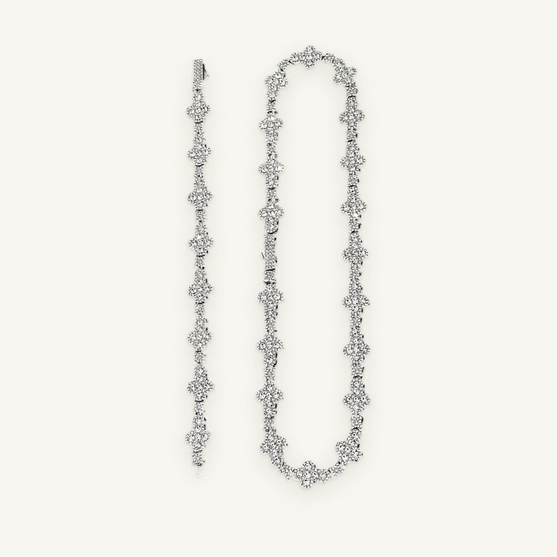 DUO 01 Chain & Bracelet Set, silver tone, iced clover chain with matching bracelet