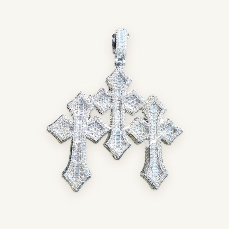 CRUX 01 Triple Cross Pendant, silver tone, iced