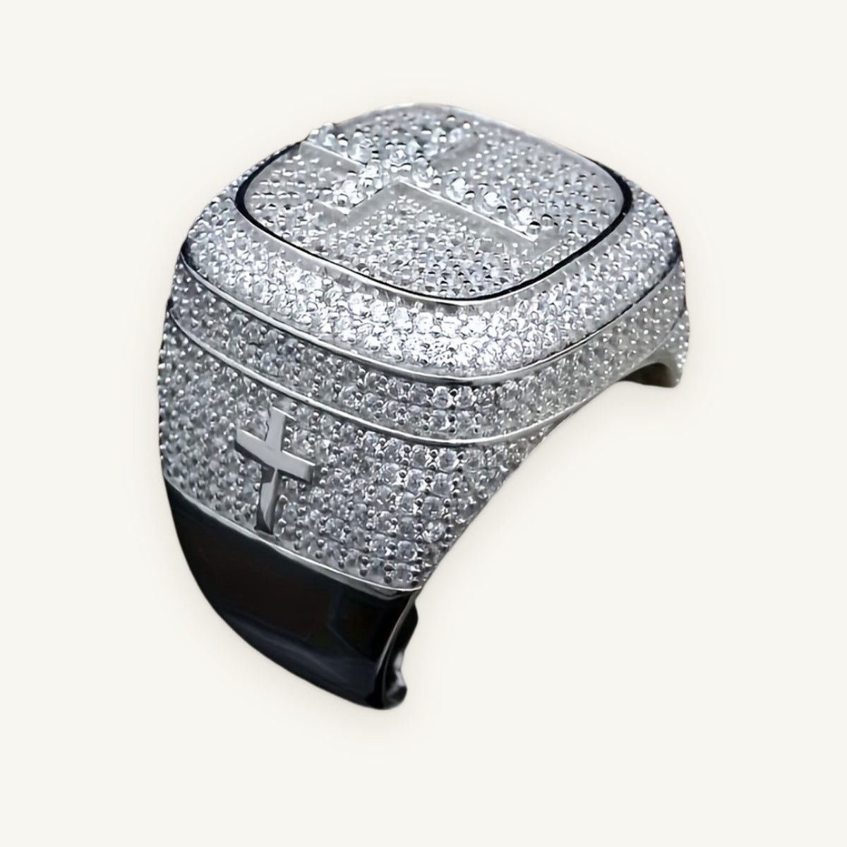 RELIC 02 Square Cross Ring, silver tone, iced