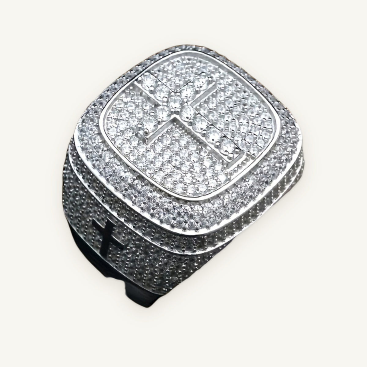 RELIC 02 Square Cross Ring top view, silver tone, iced