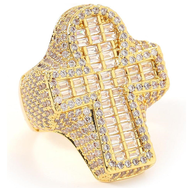 RELIC 01 Cross Wide Ring, gold tone, iced