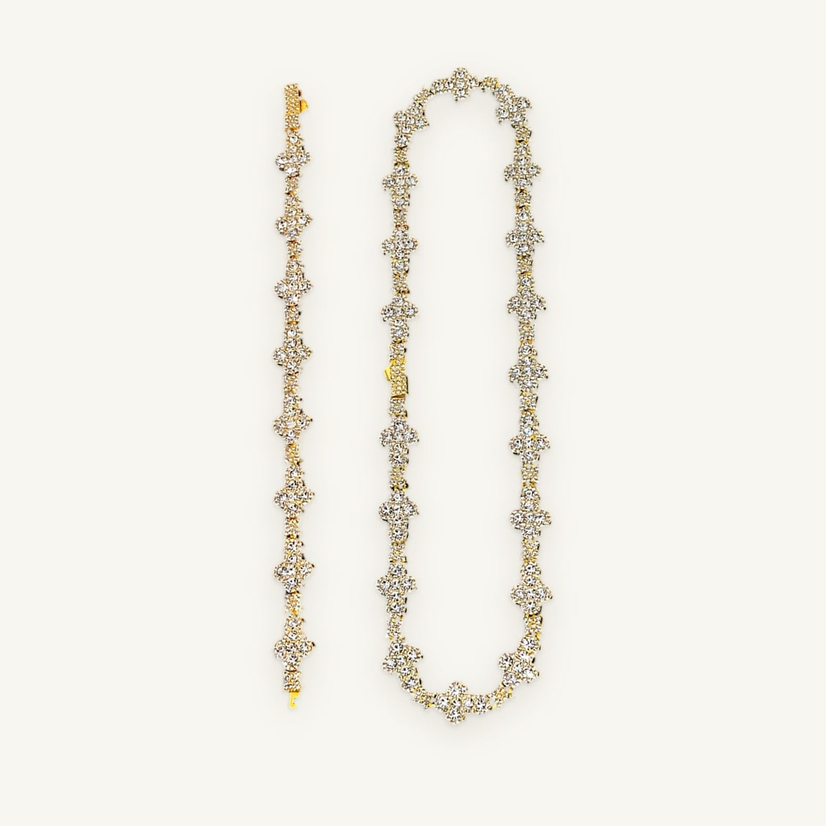 DUO 01 Chain & Bracelet Set, gold tone, iced clover chain with matching bracelet