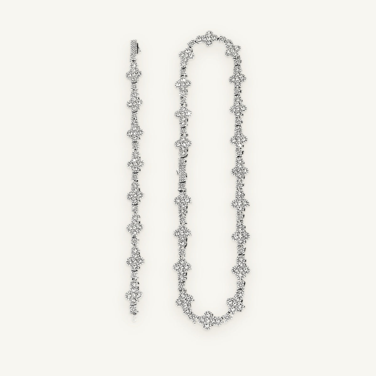 DUO 01 Chain & Bracelet Set, silver tone, iced clover chain with matching bracelet