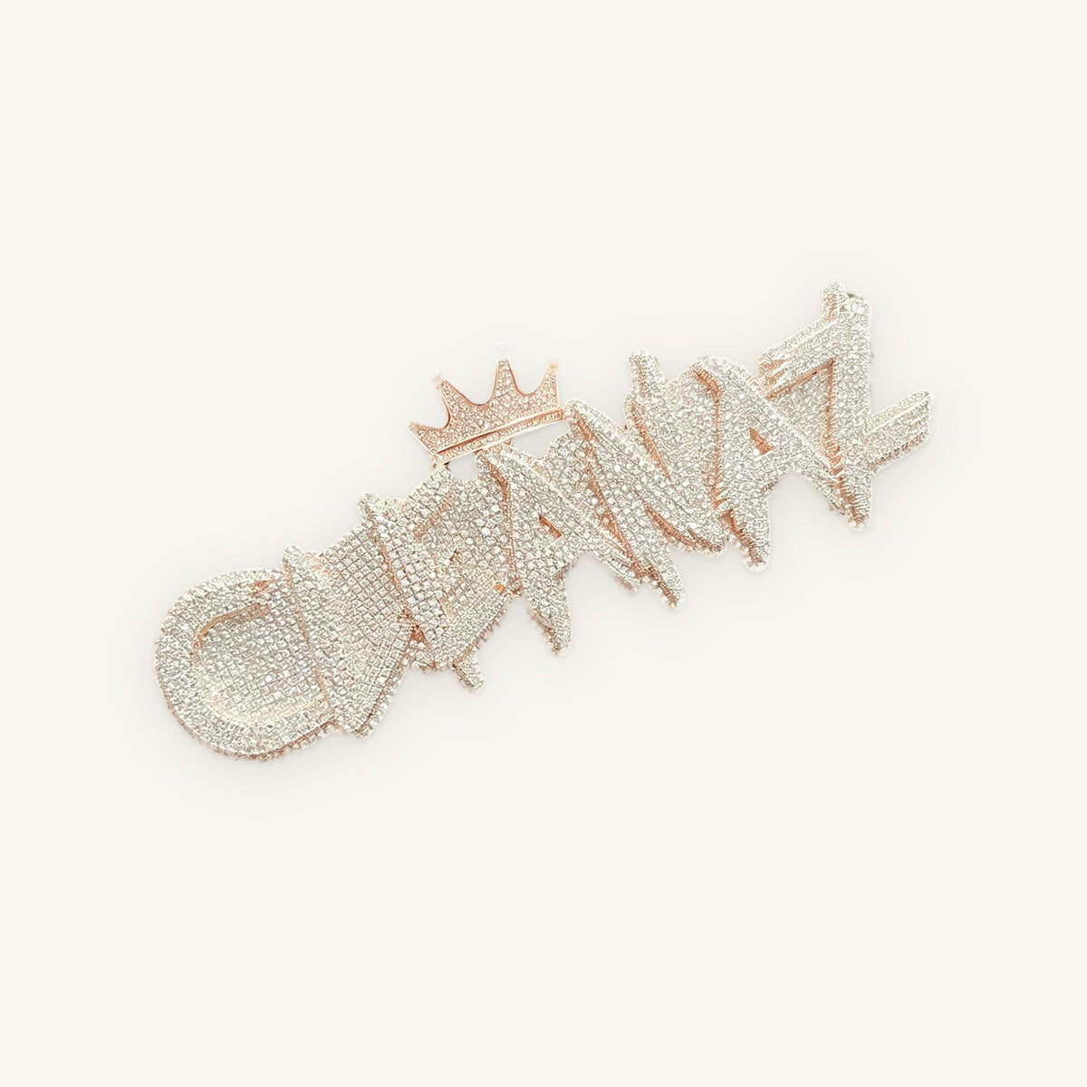 KING 01 Custom Crown Name Pendant, iced letters with crown, sample name shown, OMBI
