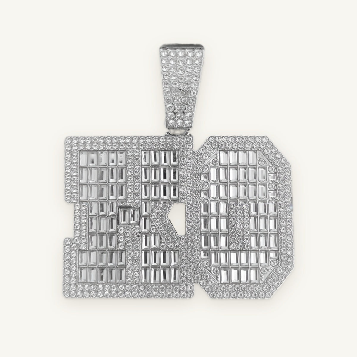 KO 01 Knockout Pendant in silver tone, iced with baguette stones, OMBI