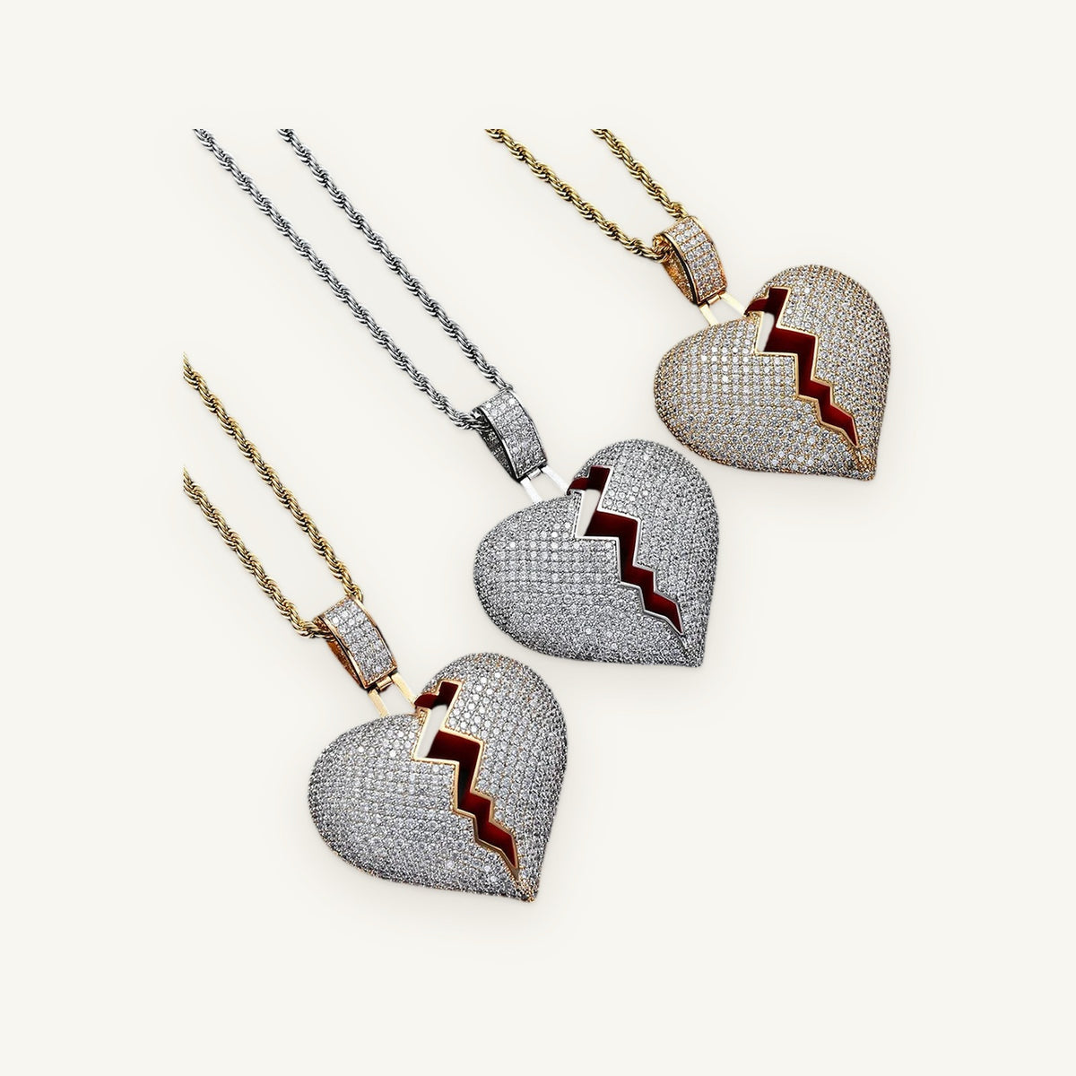 SHARD 01 Shattered Heart Pendant in silver, gold and rose-gold tone, iced
